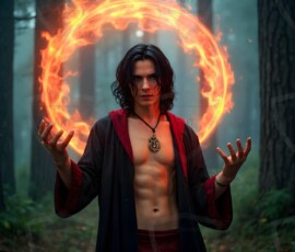 AI-generated wizards of the lion house handsome shirtless mages of the wizard academy conjuring great white lions in cinematic UHD fantasy art.