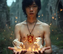 AI-generated wizards of the lion house handsome shirtless mages of the wizard academy conjuring great white lions in cinematic UHD fantasy art.
