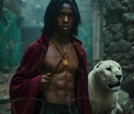 AI-generated wizards of the lion house handsome shirtless mages of the wizard academy conjuring great white lions in cinematic UHD fantasy art.
