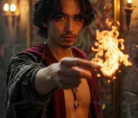 AI-generated wizards of the lion house handsome shirtless mages of the wizard academy conjuring great white lions in cinematic UHD fantasy art.