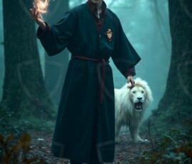 AI-generated wizards of the lion house handsome shirtless mages of the wizard academy conjuring great white lions in cinematic UHD fantasy art.