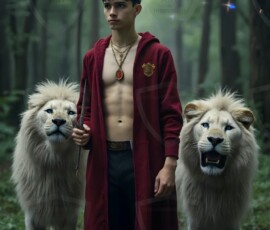 AI-generated wizards of the lion house handsome shirtless mages of the wizard academy conjuring great white lions in cinematic UHD fantasy art.