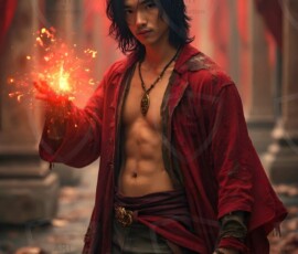 AI-generated wizards of the lion house handsome shirtless mages of the wizard academy conjuring great white lions in cinematic UHD fantasy art.