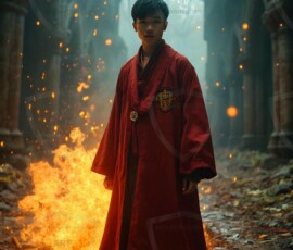 AI-generated wizards of the lion house handsome shirtless mages of the wizard academy conjuring great white lions in cinematic UHD fantasy art.