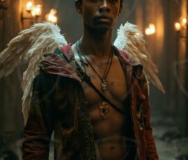 AI-generated wizards of the lion house handsome shirtless mages of the wizard academy conjuring great white lions in cinematic UHD fantasy art.