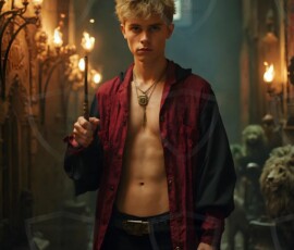 AI-generated wizards of the lion house handsome shirtless mages of the wizard academy conjuring great white lions in cinematic UHD fantasy art.