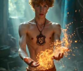 AI-generated wizards of the lion house handsome shirtless mages of the wizard academy conjuring great white lions in cinematic UHD fantasy art.
