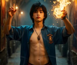 AI-generated wizards of the lion house handsome shirtless mages of the wizard academy conjuring great white lions in cinematic UHD fantasy art.