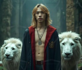 AI-generated wizards of the lion house handsome shirtless mages of the wizard academy conjuring great white lions in cinematic UHD fantasy art.