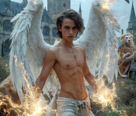 AI-generated wizards of the lion house — handsome shirtless mages of the wizard academy conjuring great white lions in cinematic UHD fantasy art.