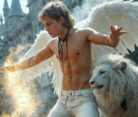 AI-generated wizards of the lion house — handsome shirtless mages of the wizard academy conjuring great white lions in cinematic UHD fantasy art.