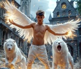 AI-generated wizards of the lion house — handsome shirtless mages of the wizard academy conjuring great white lions in cinematic UHD fantasy art.