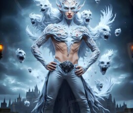 AI-generated wizards of the lion house — handsome shirtless mages of the wizard academy conjuring great white lions in cinematic UHD fantasy art.