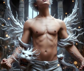 AI-generated wizards of the lion house — handsome shirtless mages of the wizard academy conjuring great white lions in cinematic UHD fantasy art.