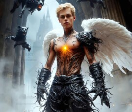 AI-generated wizards of the lion house — handsome shirtless mages of the wizard academy conjuring great white lions in cinematic UHD fantasy art.
