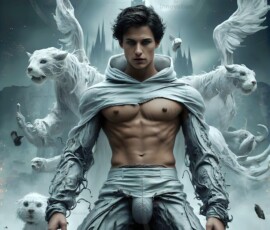 AI-generated wizards of the lion house — handsome shirtless mages of the wizard academy conjuring great white lions in cinematic UHD fantasy art.