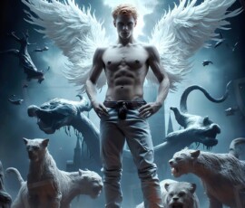 AI-generated wizards of the lion house — handsome shirtless mages of the wizard academy conjuring great white lions in cinematic UHD fantasy art.