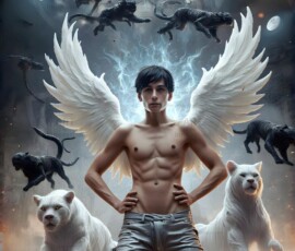 AI-generated wizards of the lion house — handsome shirtless mages of the wizard academy conjuring great white lions in cinematic UHD fantasy art.