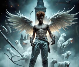 AI-generated wizards of the lion house — handsome shirtless mages of the wizard academy conjuring great white lions in cinematic UHD fantasy art.
