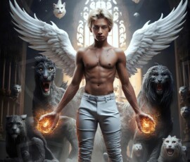 AI-generated wizards of the lion house — handsome shirtless mages of the wizard academy conjuring great white lions in cinematic UHD fantasy art.
