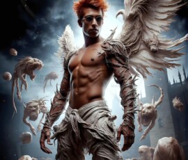 AI-generated wizards of the lion house — handsome shirtless mages of the wizard academy conjuring great white lions in cinematic UHD fantasy art.