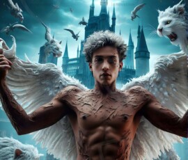 AI-generated wizards of the lion house — handsome shirtless mages of the wizard academy conjuring great white lions in cinematic UHD fantasy art.