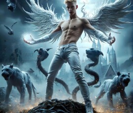 AI-generated wizards of the lion house — handsome shirtless mages of the wizard academy conjuring great white lions in cinematic UHD fantasy art.