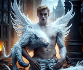 AI-generated wizards of the lion house — handsome shirtless mages of the wizard academy conjuring great white lions in cinematic UHD fantasy art.