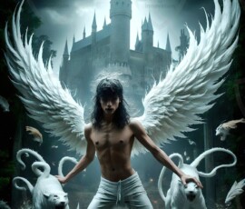 AI-generated wizards of the lion house — handsome shirtless mages of the wizard academy conjuring great white lions in cinematic UHD fantasy art.