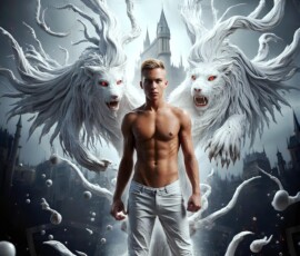 AI-generated wizards of the lion house — handsome shirtless mages of the wizard academy conjuring great white lions in cinematic UHD fantasy art.