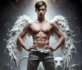 AI-generated wizards of the lion house — handsome shirtless mages of the wizard academy conjuring great white lions in cinematic UHD fantasy art.