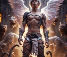 AI-generated wizards of the lion house — handsome shirtless mages of the wizard academy conjuring great white lions in cinematic UHD fantasy art.