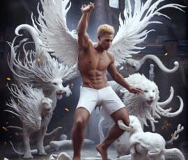 AI-generated wizards of the lion house — handsome shirtless mages of the wizard academy conjuring great white lions in cinematic UHD fantasy art.