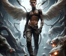AI-generated wizards of the lion house — handsome shirtless mages of the wizard academy conjuring great white lions in cinematic UHD fantasy art.
