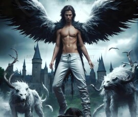 AI-generated wizards of the lion house — handsome shirtless mages of the wizard academy conjuring great white lions in cinematic UHD fantasy art.