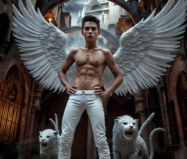 AI-generated wizards of the lion house — handsome shirtless mages of the wizard academy conjuring great white lions in cinematic UHD fantasy art.