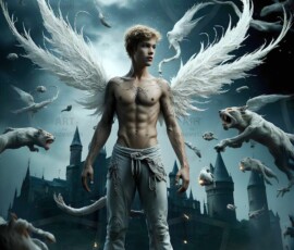 AI-generated wizards of the lion house — handsome shirtless mages of the wizard academy conjuring great white lions in cinematic UHD fantasy art.