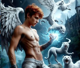AI-generated wizards of the lion house — handsome shirtless mages of the wizard academy conjuring great white lions in cinematic UHD fantasy art.