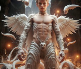 AI-generated wizards of the lion house — handsome shirtless mages of the wizard academy conjuring great white lions in cinematic UHD fantasy art.