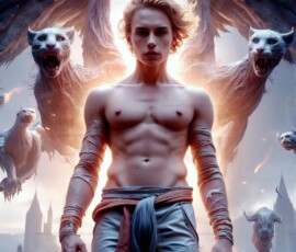 AI-generated wizards of the lion house — handsome shirtless mages of the wizard academy conjuring great white lions in cinematic UHD fantasy art.