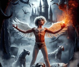 AI-generated wizards of the lion house — handsome shirtless mages of the wizard academy conjuring great white lions in cinematic UHD fantasy art.