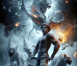 AI-generated wizards of the lion house — handsome shirtless mages of the wizard academy conjuring great white lions in cinematic UHD fantasy art.