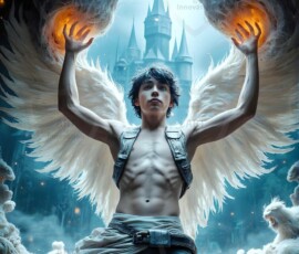 AI-generated wizards of the lion house — handsome shirtless mages of the wizard academy conjuring great white lions in cinematic UHD fantasy art.