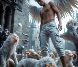 AI-generated wizards of the lion house — handsome shirtless mages of the wizard academy conjuring great white lions in cinematic UHD fantasy art.