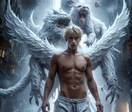AI-generated wizards of the lion house — handsome shirtless mages of the wizard academy conjuring great white lions in cinematic UHD fantasy art.