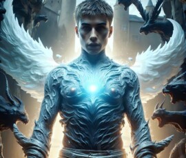 AI-generated wizards of the lion house — handsome shirtless mages of the wizard academy conjuring great white lions in cinematic UHD fantasy art.