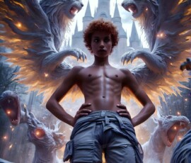 AI-generated wizards of the lion house — handsome shirtless mages of the wizard academy conjuring great white lions in cinematic UHD fantasy art.