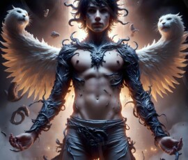 AI-generated wizards of the lion house — handsome shirtless mages of the wizard academy conjuring great white lions in cinematic UHD fantasy art.