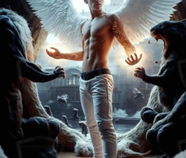 AI-generated wizards of the lion house — handsome shirtless mages of the wizard academy conjuring great white lions in cinematic UHD fantasy art.