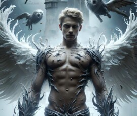 AI-generated wizards of the lion house — handsome shirtless mages of the wizard academy conjuring great white lions in cinematic UHD fantasy art.